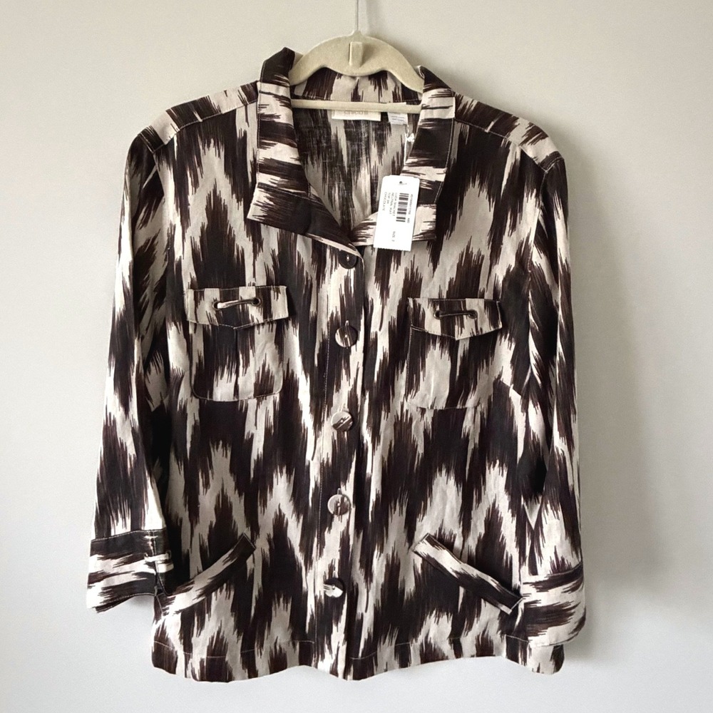 Chicos Luda Shacket Neutral Ikat Chocolate Brown 100% Linen Top Size 2- LG Artsy